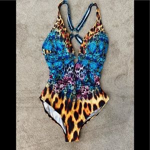 One piece colorful print swimsuit, size 12, cross cross back
